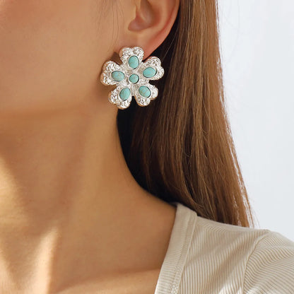 Elegant Retro Flower Alloy Turquoise Inlay Turquoise Women's Ear Studs