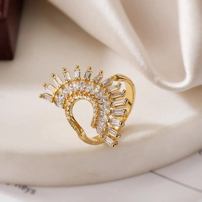 Elegant Retro Geometric Heart Shape Copper Plating Inlay Zircon 18k Gold Plated Open Rings