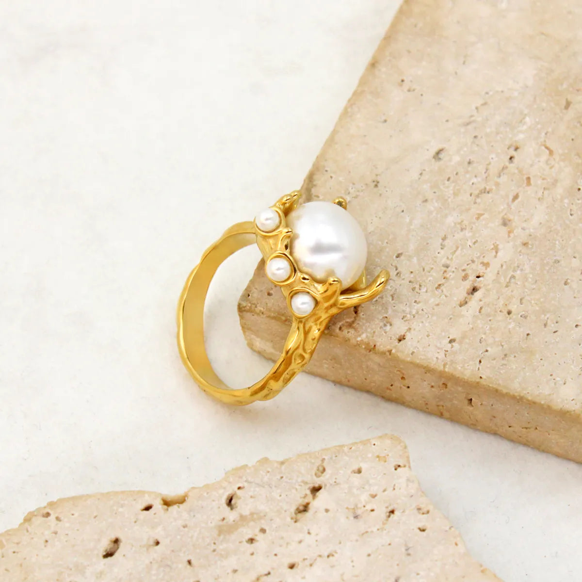 Wholesale Jewelry Elegant Retro Geometric 304 Stainless Steel Glass Pearl 18K Gold Plating In The Furnace Plating Inlay Rings