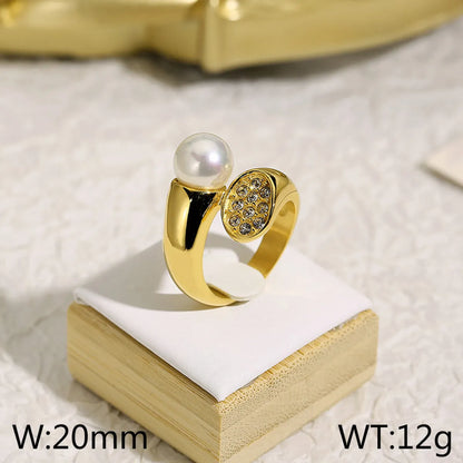 Wholesale Jewelry Elegant Retro Geometric Titanium Steel Artificial Pearls Rhinestones 18K Gold Plated Plating Inlay Rings