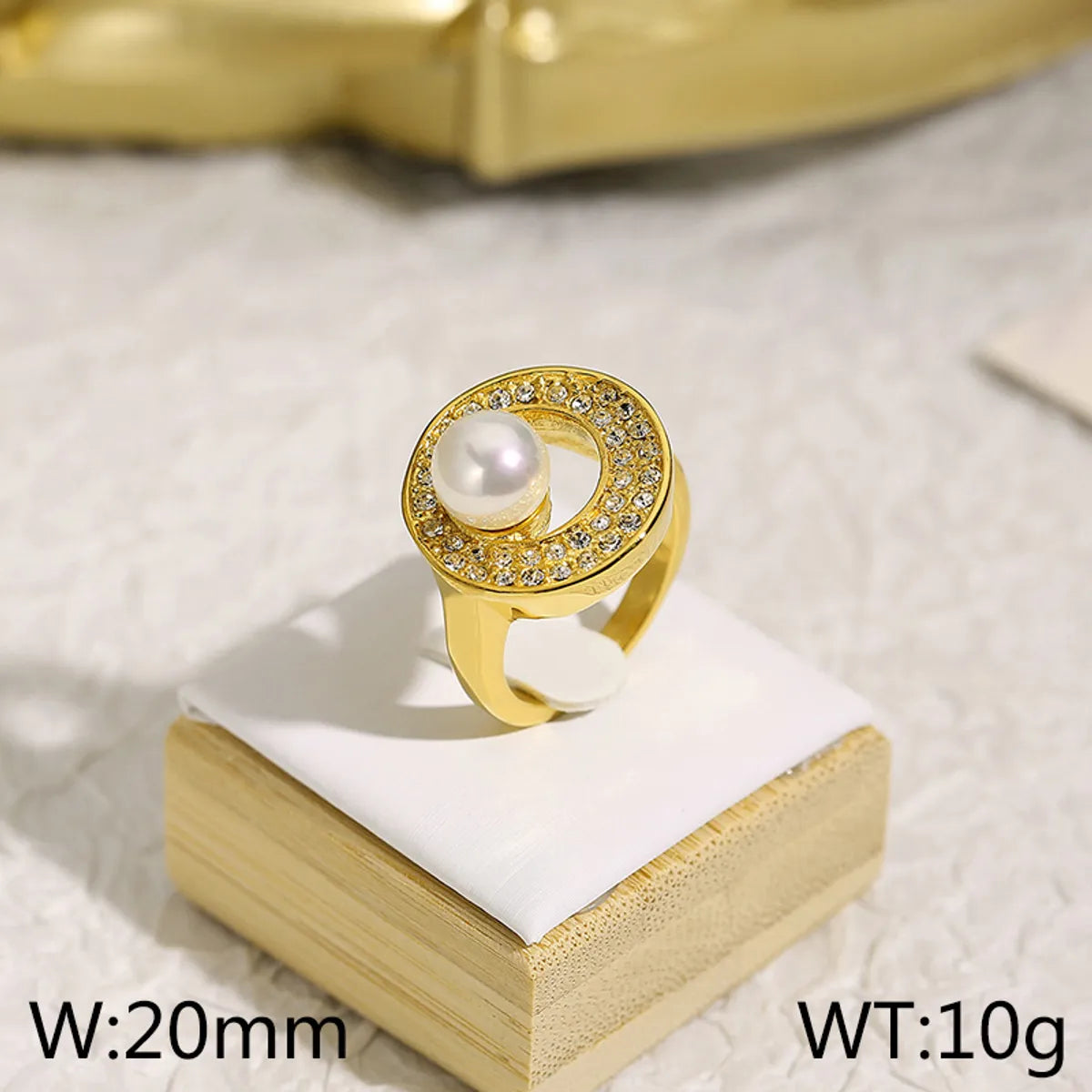 Wholesale Jewelry Elegant Retro Geometric Titanium Steel Artificial Pearls Rhinestones 18K Gold Plated Plating Inlay Rings