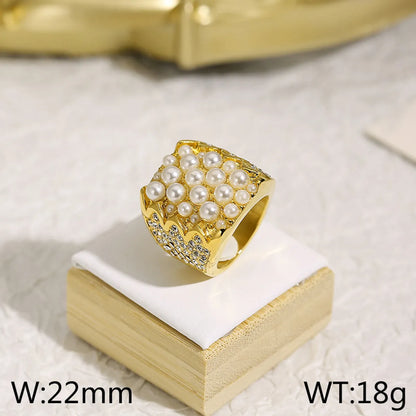 Wholesale Jewelry Elegant Retro Geometric Titanium Steel Artificial Pearls Rhinestones 18K Gold Plated Plating Inlay Rings