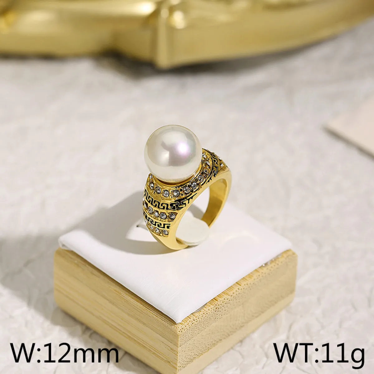 Wholesale Jewelry Elegant Retro Geometric Titanium Steel Artificial Pearls Rhinestones 18K Gold Plated Plating Inlay Rings