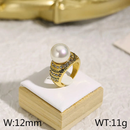 Wholesale Jewelry Elegant Retro Geometric Titanium Steel Artificial Pearls Rhinestones 18K Gold Plated Plating Inlay Rings