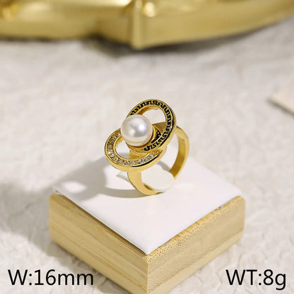 Wholesale Jewelry Elegant Retro Geometric Titanium Steel Artificial Pearls Rhinestones 18K Gold Plated Plating Inlay Rings