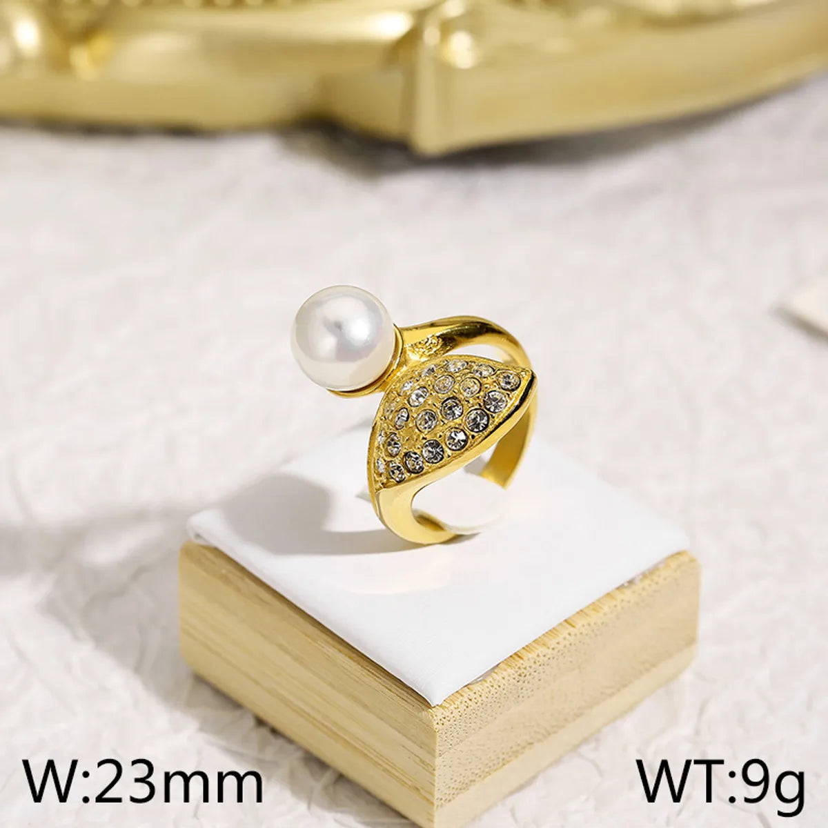 Wholesale Jewelry Elegant Retro Geometric Titanium Steel Artificial Pearls Rhinestones 18K Gold Plated Plating Inlay Rings