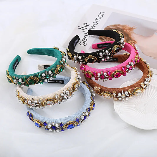 Elegant Retro Heart Shape Flower Sponge Inlay Rhinestones Hair Band