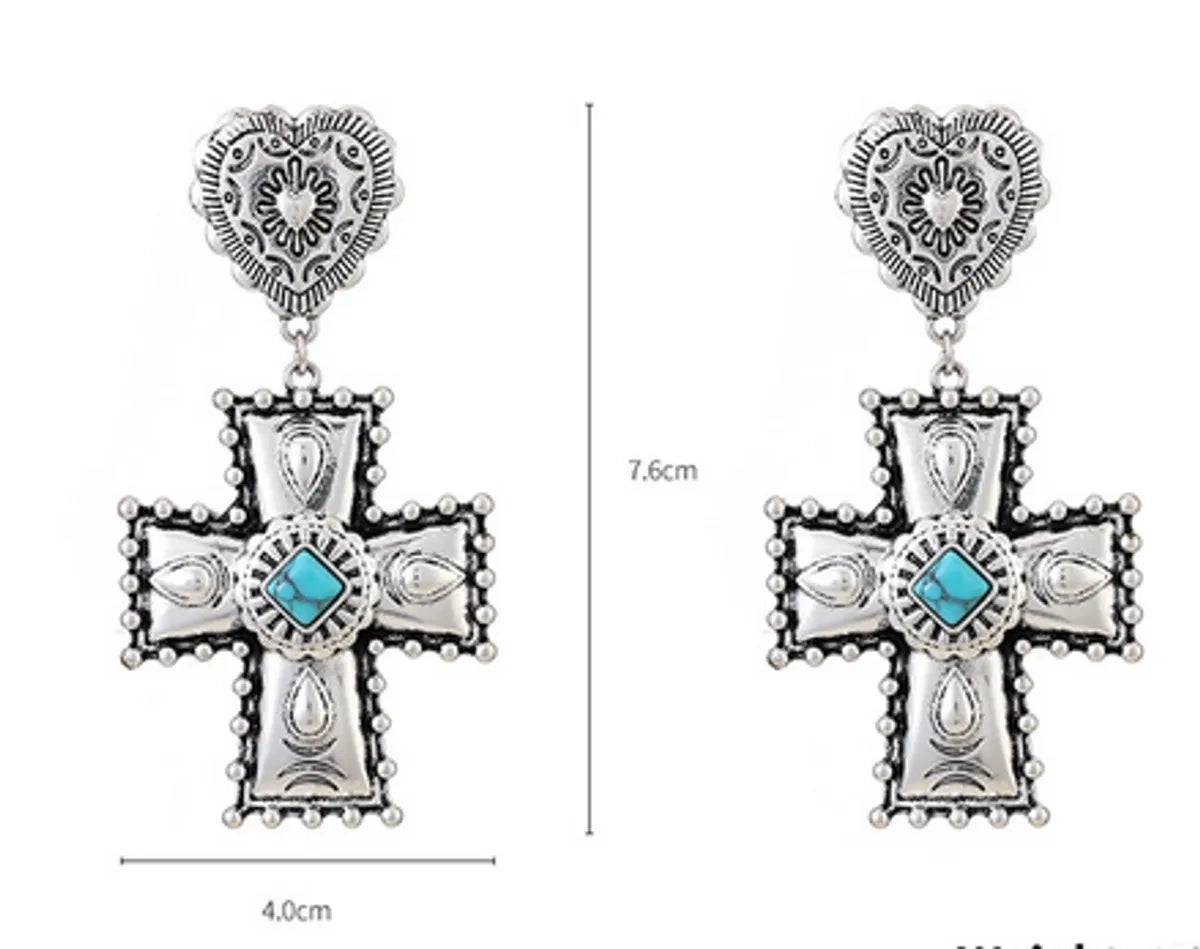 Elegant Retro Lady Cross Heart Shape Alloy Plating Inlay Turquoise Women'S Earrings Necklace