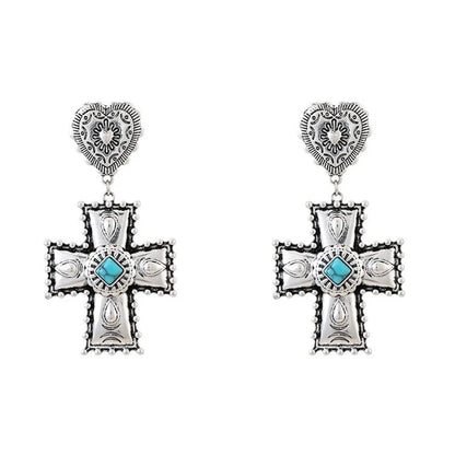 Elegant Retro Lady Cross Heart Shape Alloy Plating Inlay Turquoise Women'S Earrings Necklace