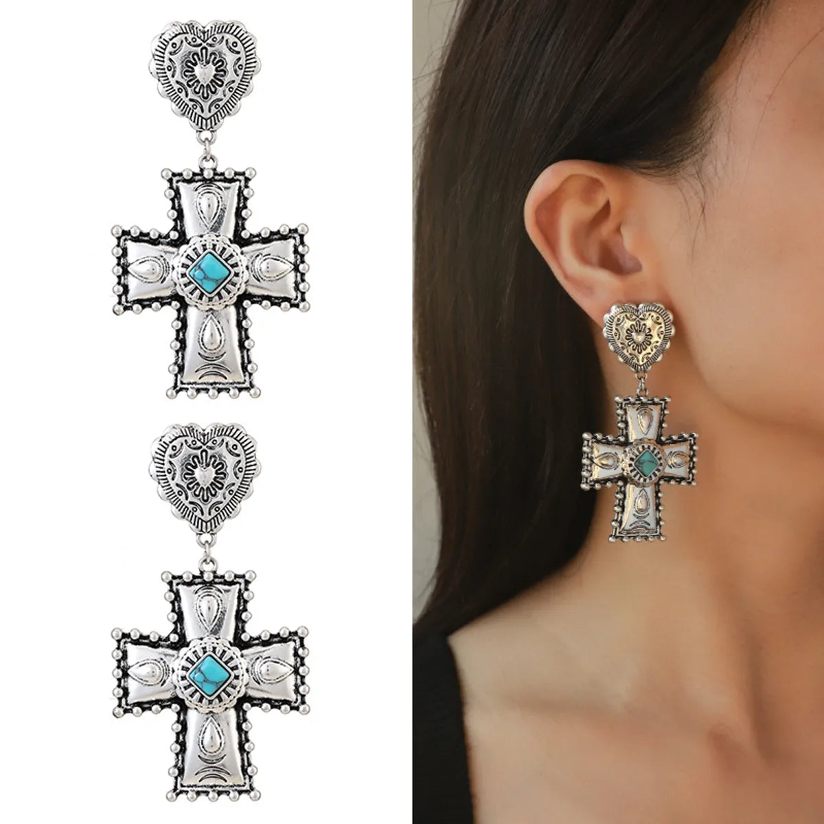 Elegant Retro Lady Cross Heart Shape Alloy Plating Inlay Turquoise Women'S Earrings Necklace