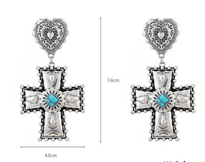 Elegant Retro Lady Cross Heart Shape Alloy Plating Inlay Turquoise Women'S Earrings Necklace