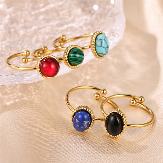 Elegant Retro Lady Round Stainless Steel Plating Inlay Natural Stone Gold Plated Open Rings