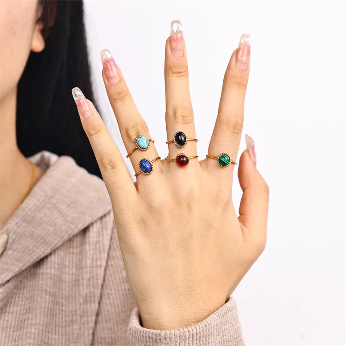 Elegant Retro Lady Round Stainless Steel Plating Inlay Natural Stone Gold Plated Open Rings