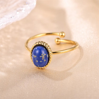 Elegant Retro Lady Round Stainless Steel Plating Inlay Natural Stone Gold Plated Open Rings