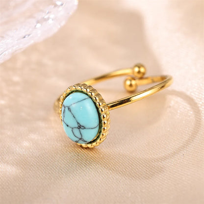 Elegant Retro Lady Round Stainless Steel Plating Inlay Natural Stone Gold Plated Open Rings