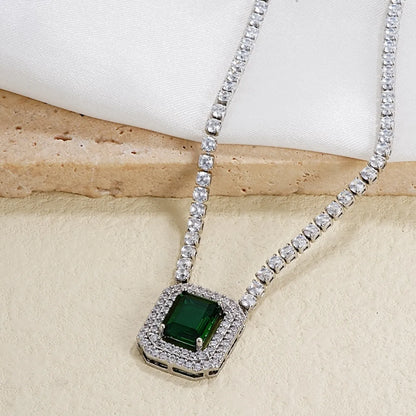 Elegant Retro Lady Square Bow Knot Copper White Gold Plated Zircon Pendant Necklace In Bulk