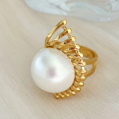 Elegant Retro Luxurious Sector Stainless Steel Plating Inlay Pearl Gold Plated Open Rings