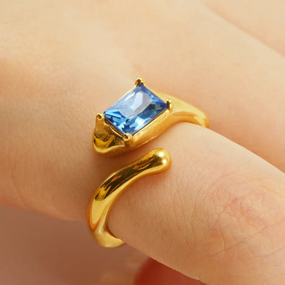 Elegant Retro Round Square Stainless Steel Plating Inlay Luminous Stone Rhinestones Zircon 18k Gold Plated Open Ring