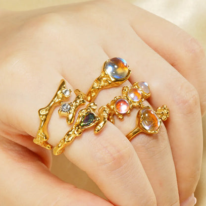 Elegant Retro Round Square Stainless Steel Plating Inlay Luminous Stone Rhinestones Zircon 18k Gold Plated Open Ring