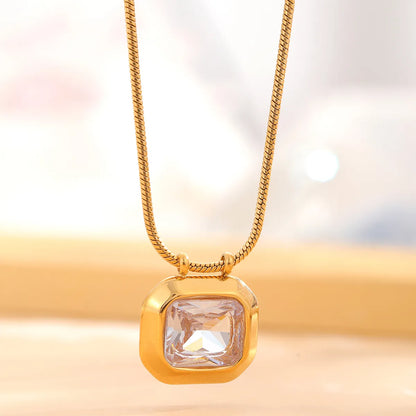 Elegant Retro Round Square Titanium Steel Plating Inlay Zircon Gold Plated Pendant Necklace