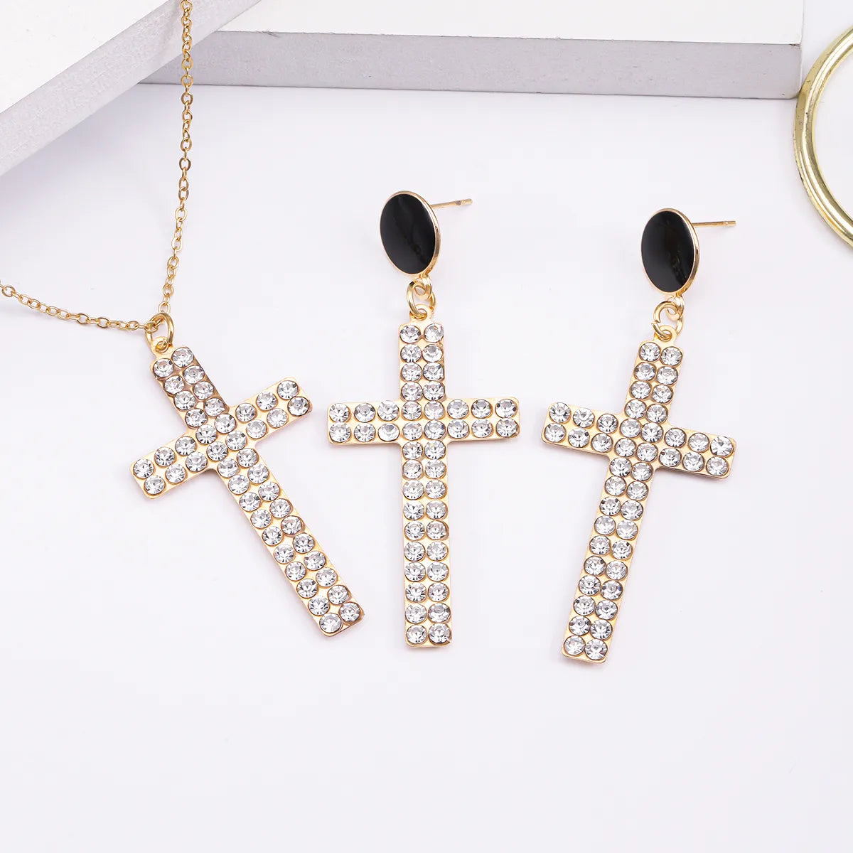 Elegant Retro Simple Style Cross Alloy Polishing Plating Inlay Rhinestones Gold Plated Women's Jewelry Set