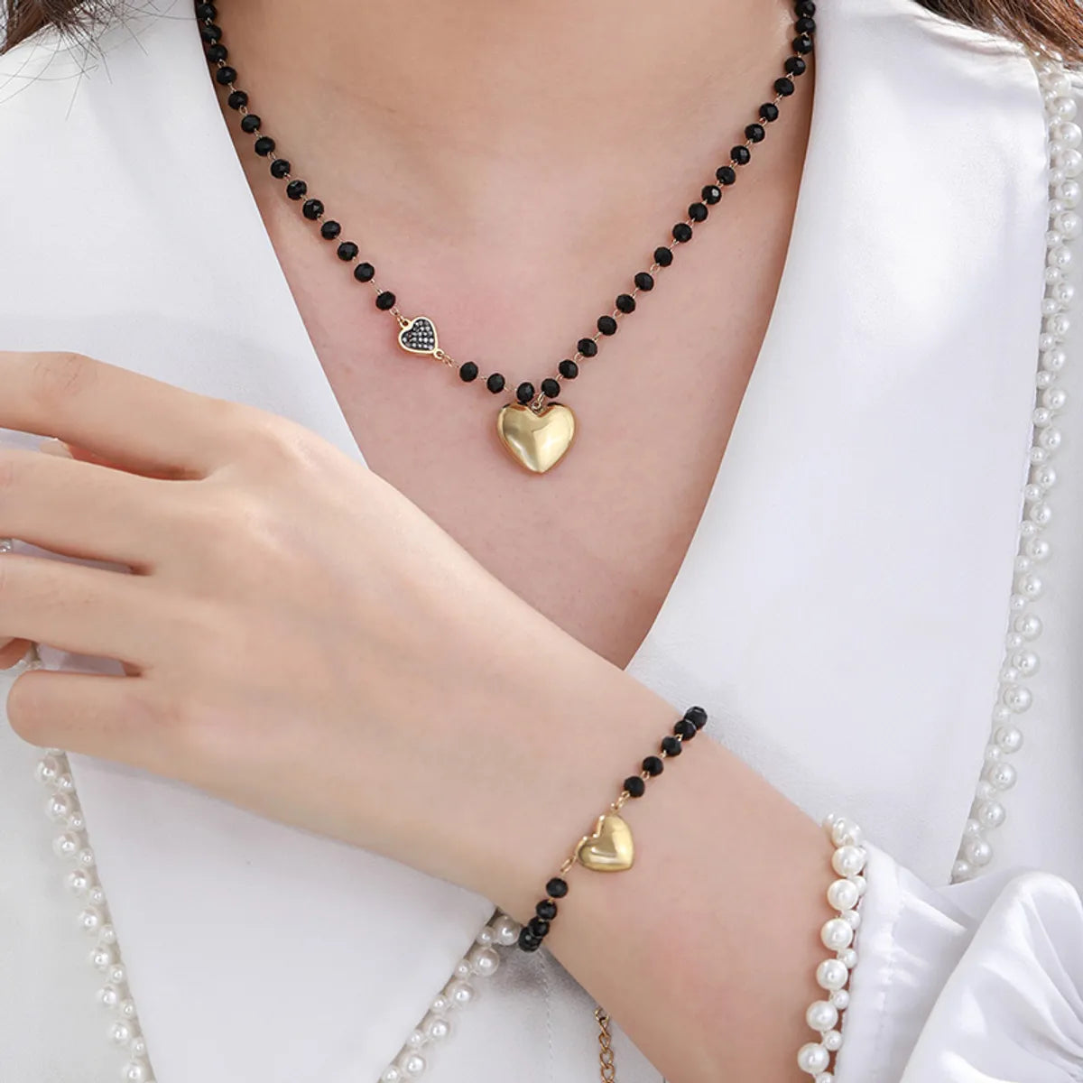 Elegant Retro XUPING Cross Leaf Heart Shape 304 Stainless Steel Beaded Beaded Plating Artificial Gemstones 18K Gold Plated Women'S Bracelets Necklace