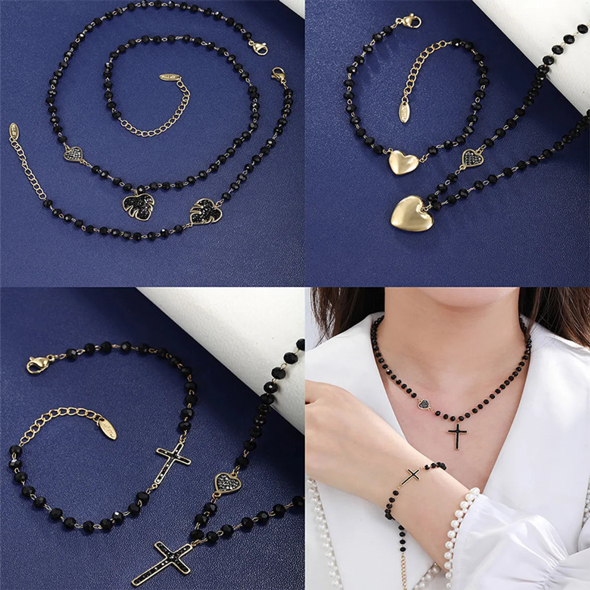 Elegant Retro XUPING Cross Leaf Heart Shape 304 Stainless Steel Beaded Beaded Plating Artificial Gemstones 18K Gold Plated Women'S Bracelets Necklace