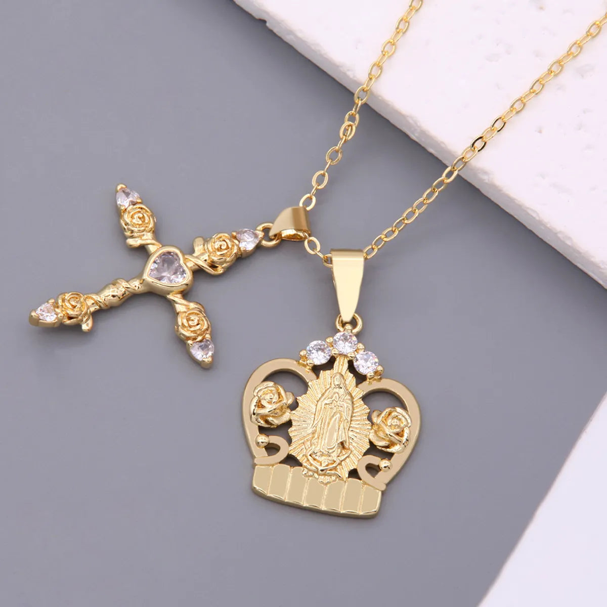 Elegant Romantic Cross Rose Crown Copper Plating Inlay Carving Zircon 18k Gold Plated Unisex Pendant Necklace