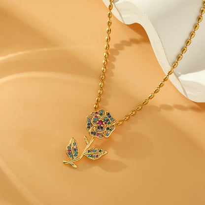 Elegant Romantic Flower Stainless Steel Copper Plating Inlay Zircon 18k Gold Plated Pendant Necklace