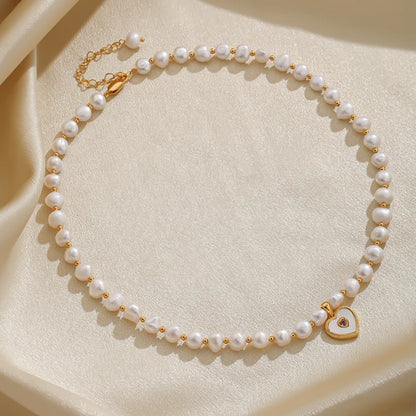 Elegant Romantic Heart Shape Freshwater Pearl Copper Beaded Plating Inlay Shell Zircon 18k Gold Plated Necklace