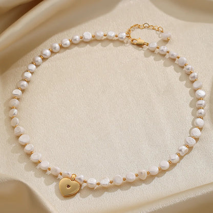 Elegant Romantic Heart Shape Freshwater Pearl Copper Beaded Plating Inlay Shell Zircon 18k Gold Plated Necklace