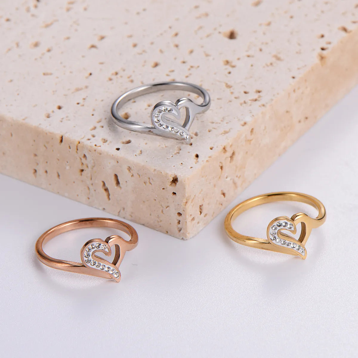 Elegant Romantic Heart Shape Stainless Steel Plating Inlay Rhinestones 18k Gold Plated Rose Gold Plated Rings