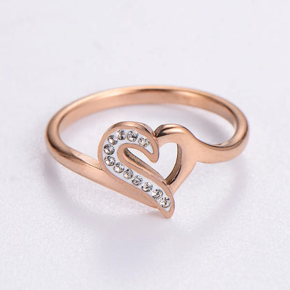 Elegant Romantic Heart Shape Stainless Steel Plating Inlay Rhinestones 18k Gold Plated Rose Gold Plated Rings