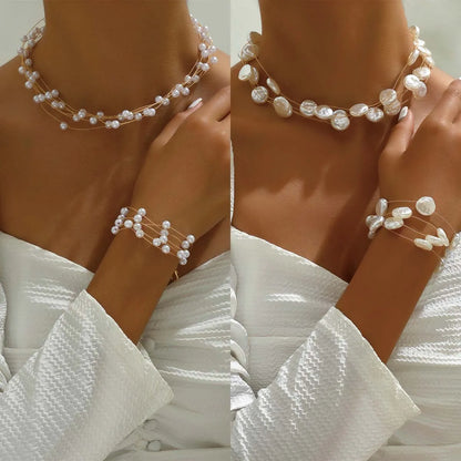 Elegant Romantic Sweet Geometric Artificial Pearl Copper Beaded Plating 18k Gold Plated Jewelry Set