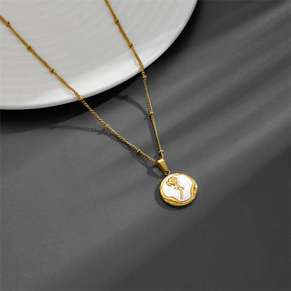 Elegant Rose Butterfly Titanium Steel Plating Inlay Shell Pendant Necklace