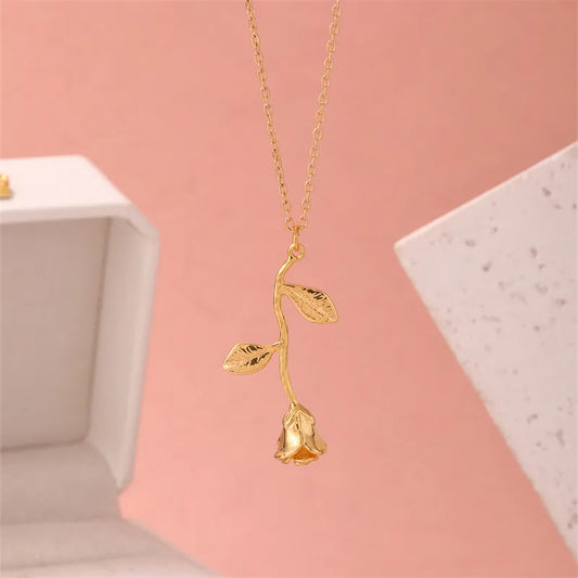 304 Stainless Steel Copper Gold Plated Elegant Enamel Plating Rose Pendant Necklace