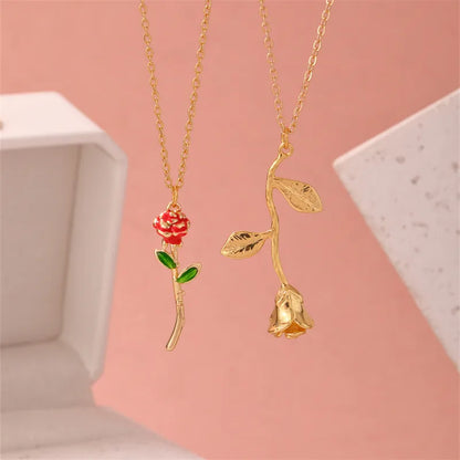 304 Stainless Steel Copper Gold Plated Elegant Enamel Plating Rose Pendant Necklace