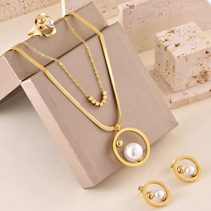 Elegant Round 304 Stainless Steel Artificial Pearl Plating Women'S Rings Earrings Necklace