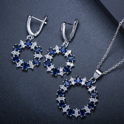 Elegant Round Copper Plating Inlay Artificial Gemstones White Gold Plated Rhodium Plated Earrings Necklace