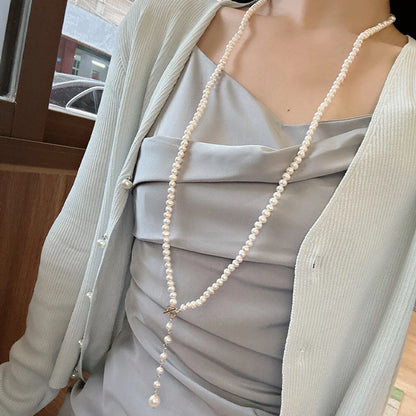 Elegant Round Freshwater Pearl Brass Beaded Sweater Chain