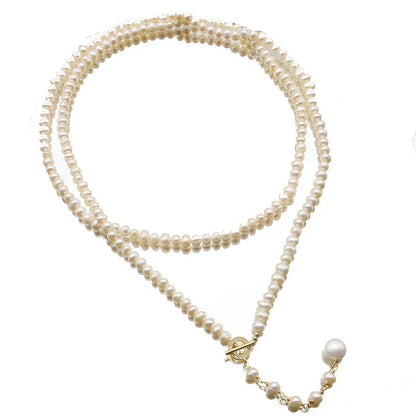 Elegant Round Freshwater Pearl Brass Beaded Sweater Chain