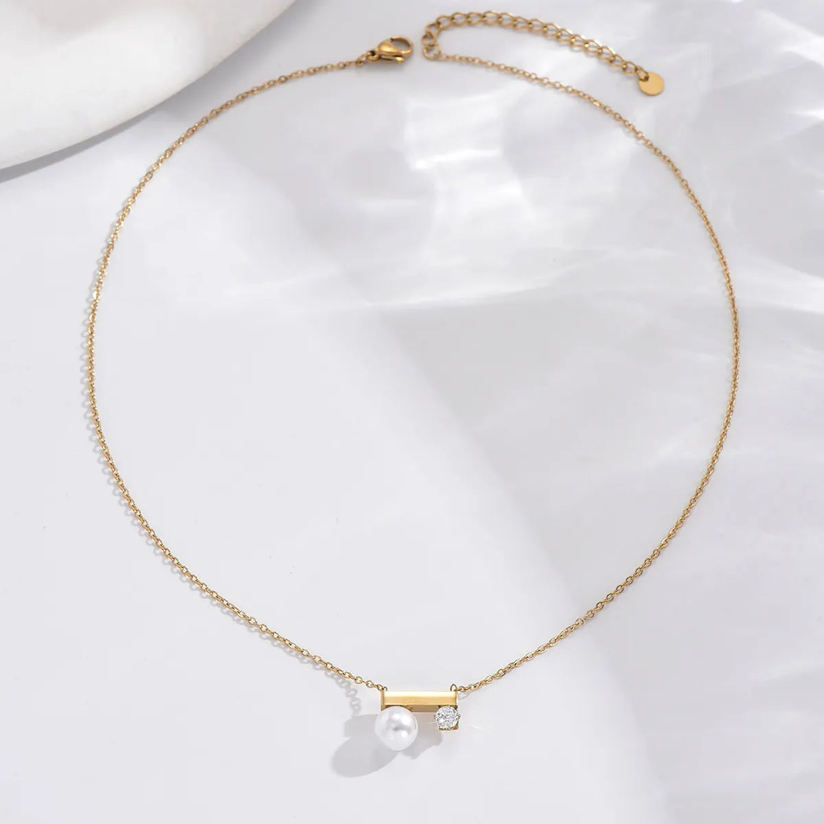 Elegant Round Rectangle Stainless Steel Plating Inlay Imitation Pearl Zircon 14k Gold Plated Bracelets Necklace