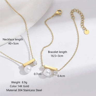 Elegant Round Rectangle Stainless Steel Plating Inlay Imitation Pearl Zircon 14k Gold Plated Bracelets Necklace