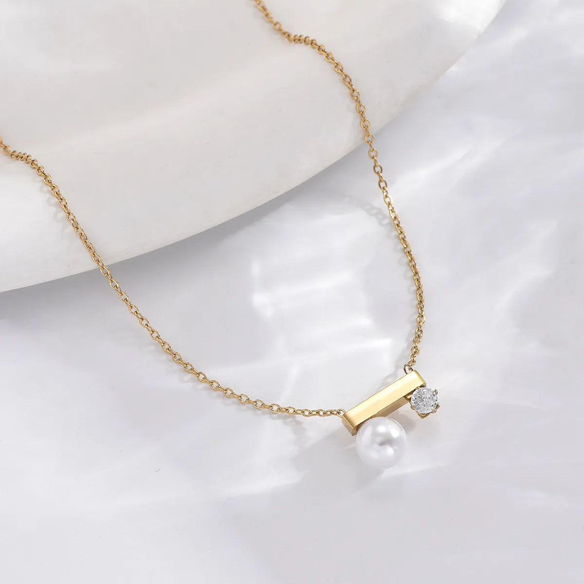 Elegant Round Rectangle Stainless Steel Plating Inlay Imitation Pearl Zircon 14k Gold Plated Bracelets Necklace