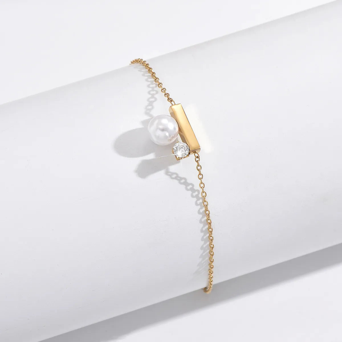 Elegant Round Rectangle Stainless Steel Plating Inlay Imitation Pearl Zircon 14k Gold Plated Bracelets Necklace