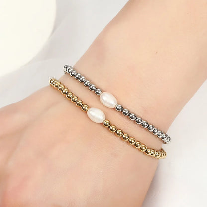 Elegant Round Stainless Steel Freshwater Pearl Plating Gold Plated Bracelets