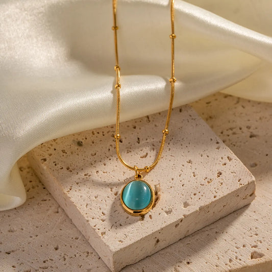 Elegant Round Stainless Steel Inlay Opal 18k Gold Plated Pendant Necklace