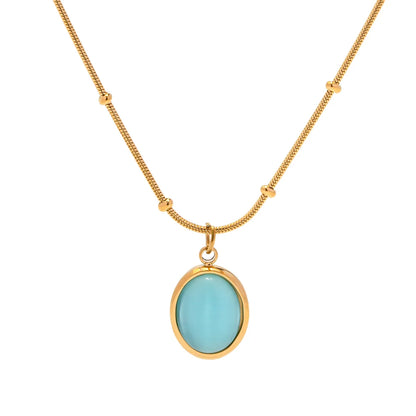 Elegant Round Stainless Steel Inlay Opal 18k Gold Plated Pendant Necklace