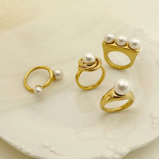 Elegant Round Stainless Steel Plating Inlay Artificial Pearls Gold Plated Rings