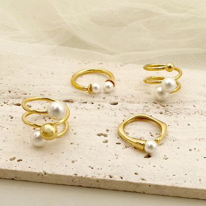 Elegant Round Stainless Steel Plating Inlay Artificial Pearls Gold Plated Rings